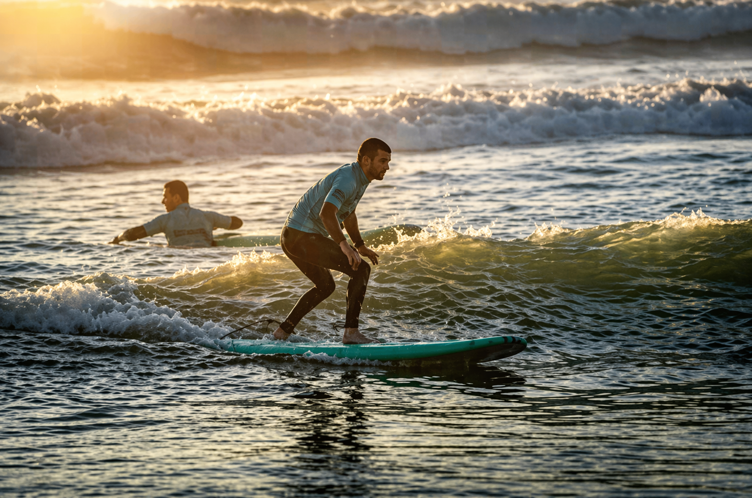 Students learning to surf together at Praia de Faro